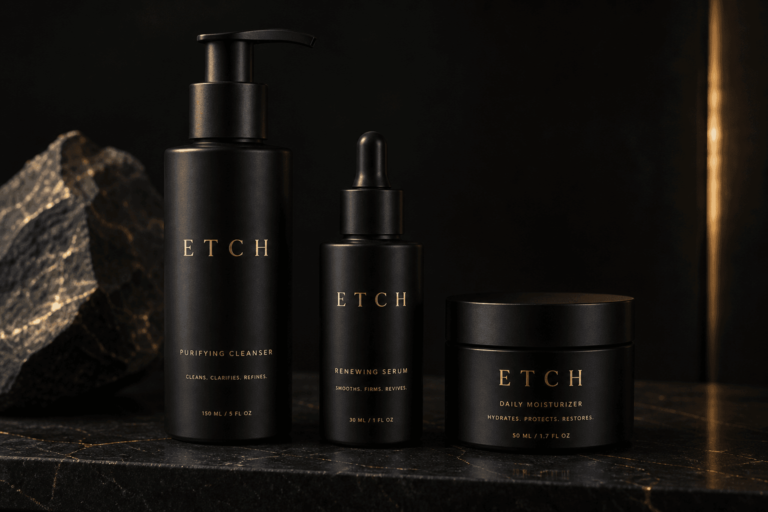 Etch skincare product line mockup — cleanser, serum, and moisturizer in matte black containers